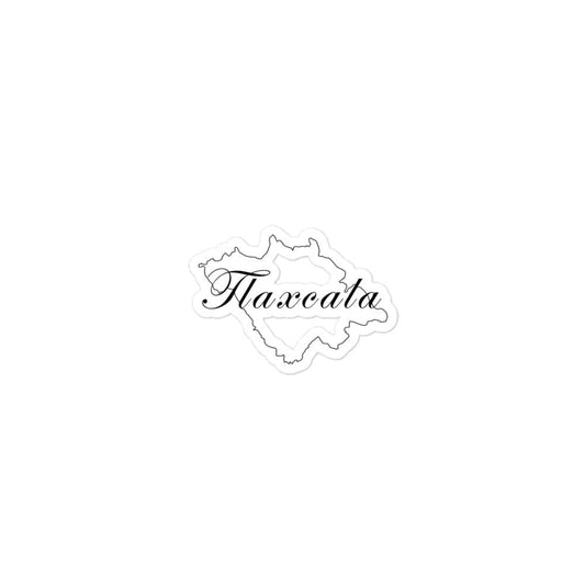 A white sticker with the text 'Tlaxcala' in black, designed in the shape of the state of Tlaxcala.