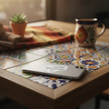 Silver smartphone on a wooden table with colorful Mexican ceramic tiles and a die-cut bubble-free sticker shaped like the state of Yucatán — featuring white outline and cursive “Yucatán” text, surrounded by a hand-painted mug, terracotta plant pot, and warm natural light, evoking artisanal charm and regional pride.