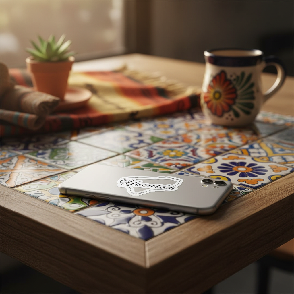 Silver smartphone on a wooden table with colorful Mexican ceramic tiles and a die-cut bubble-free sticker shaped like the state of Yucatán — featuring white outline and cursive “Yucatán” text, surrounded by a hand-painted mug, terracotta plant pot, and warm natural light, evoking artisanal charm and regional pride.