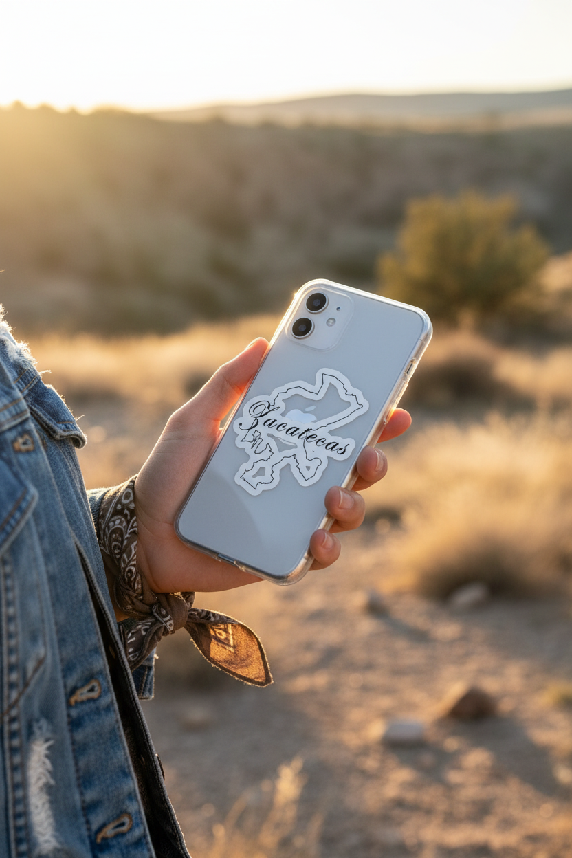A person outdoors in a desert landscape at sunset holds a clear phone case with a white outline of Zacatecas and the word 'Zacatecas' in script.