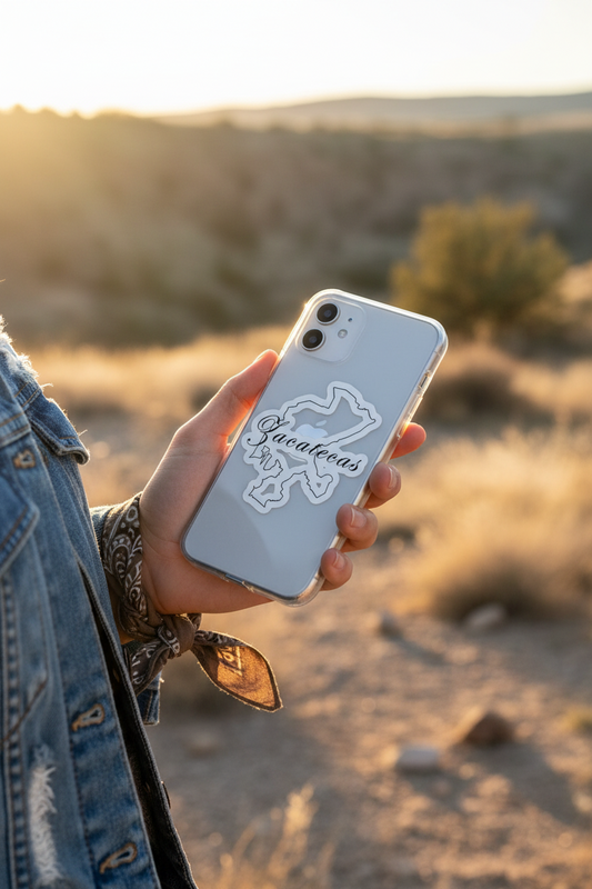 A person outdoors in a desert landscape at sunset holds a clear phone case with a white outline of Zacatecas and the word 'Zacatecas' in script.