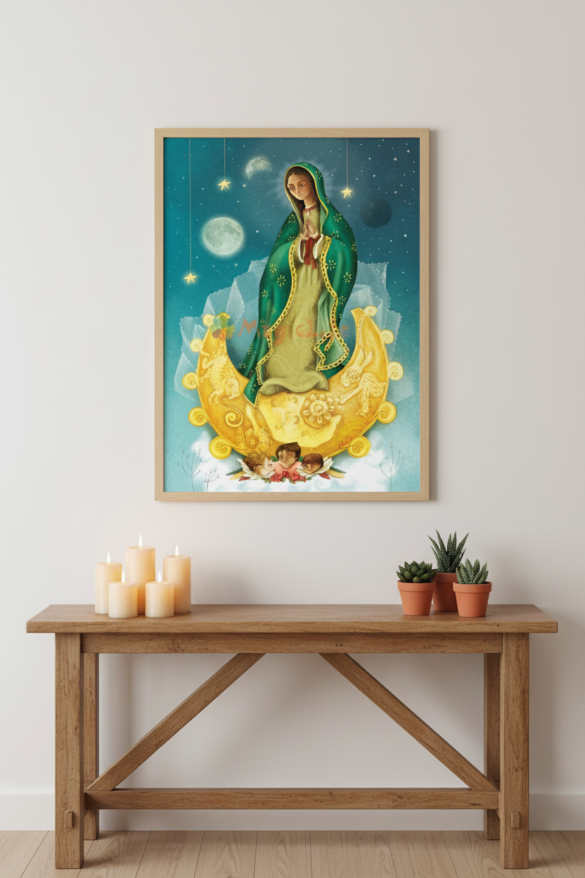 A framed art print of Our Lady of Guadalupe hanging on a white wall above a wooden console table with candles and small potted plants.