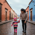 A woman and a young child walking hand in hand down a wet cobblestone street lined with colorful buildings in an outdoor setting.
