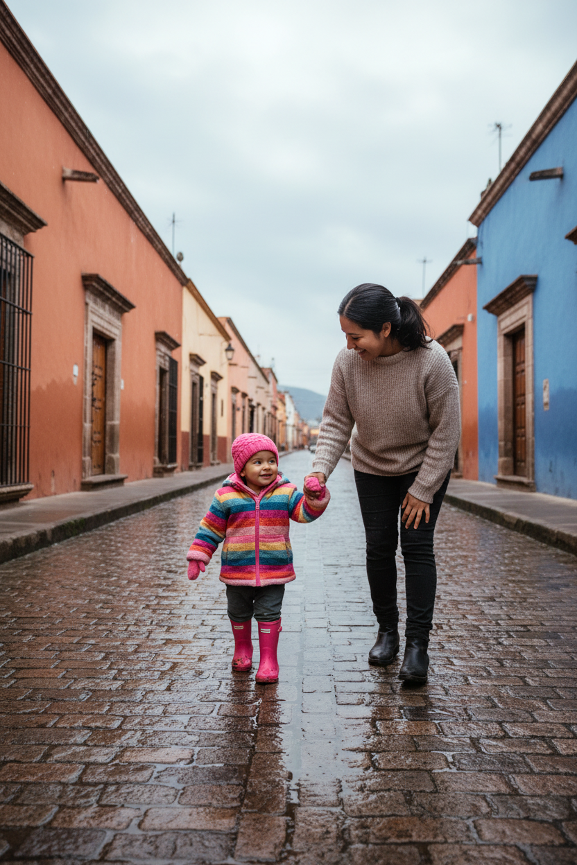 A woman and a young child walking hand in hand down a wet cobblestone street lined with colorful buildings in an outdoor setting.