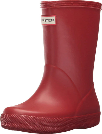 Kids red rain boot with Hunter logo and textured rubber sole