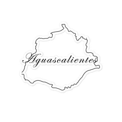 A die-cut white sticker with the text 'Aguascalientes' printed on it, against a white background.