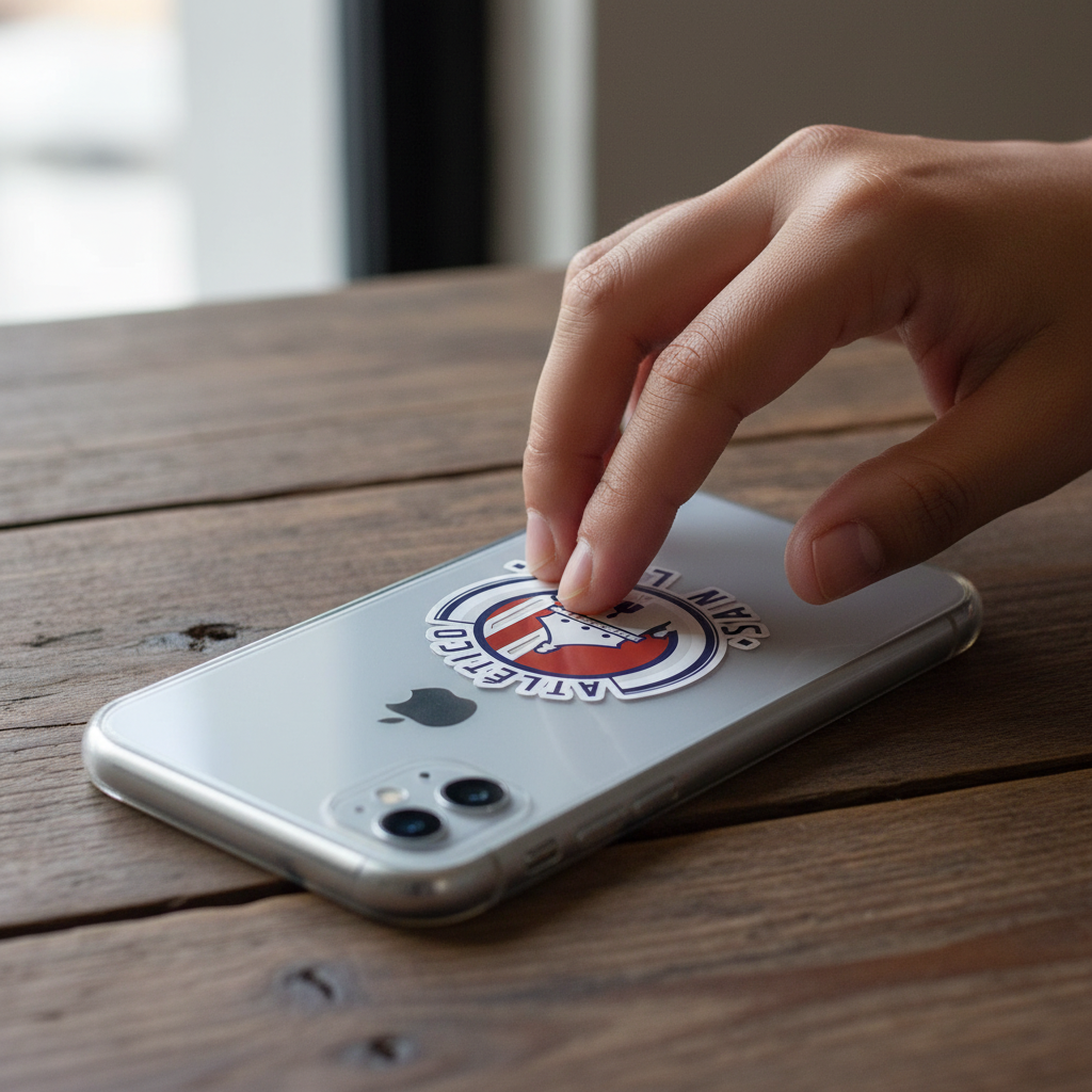 Hand pressing a die-cut bubble-free sticker of the Atlético de San Luis logo onto a silver iPhone — featuring a circular red, white, and blue design with a central building emblem, representing the Mexican football club’s identity and pride.