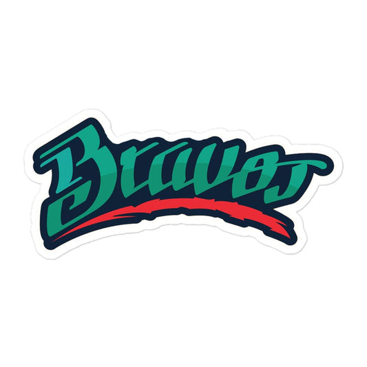 A sticker with the text 'Bravos' in a cursive teal font, with a red outline and a green shadow beneath it, on a white background.