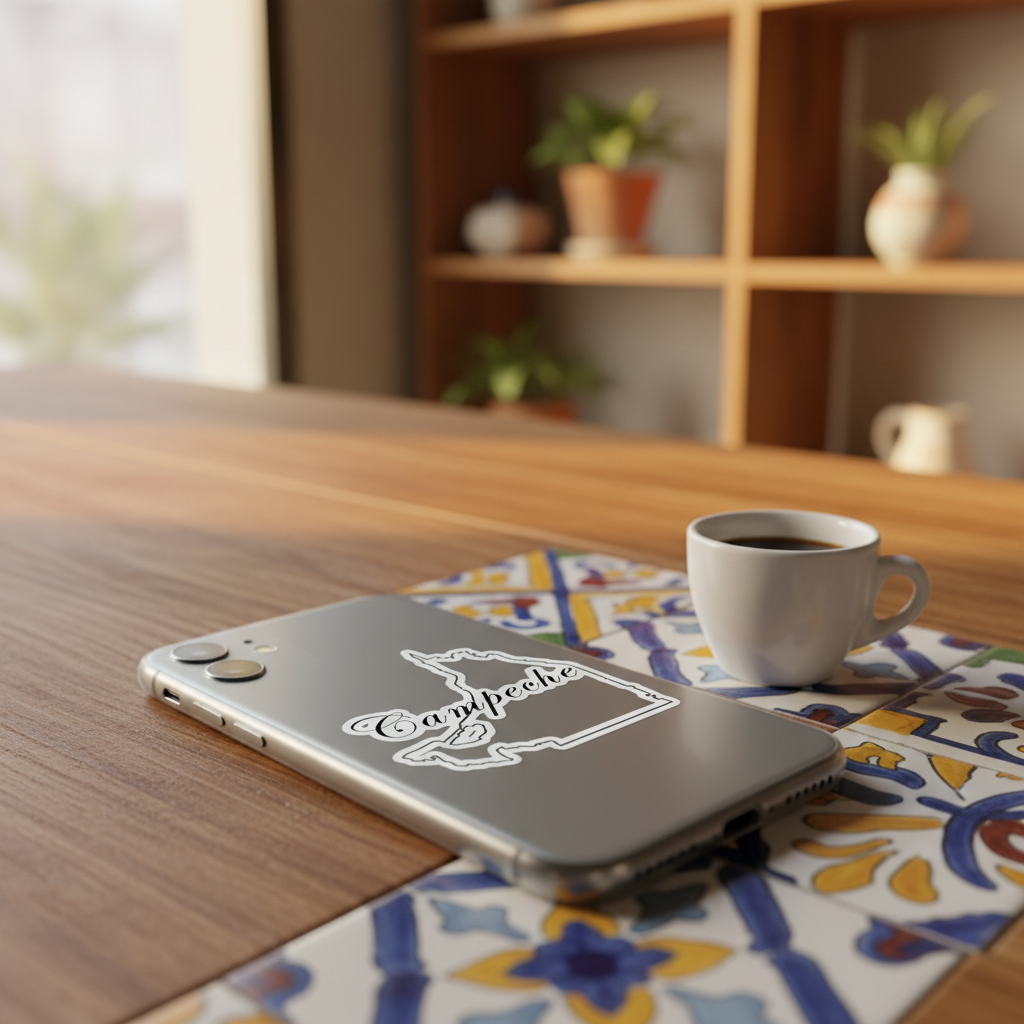 A silver smartphone lying on a patterned placemat on a wooden table, with a white coffee mug beside it and a blurred indoor shelf background.