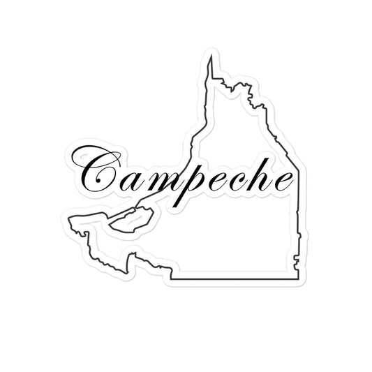 A die cut bubble-free sticker with the text 'Campeche' and a silhouette of the state's outline.