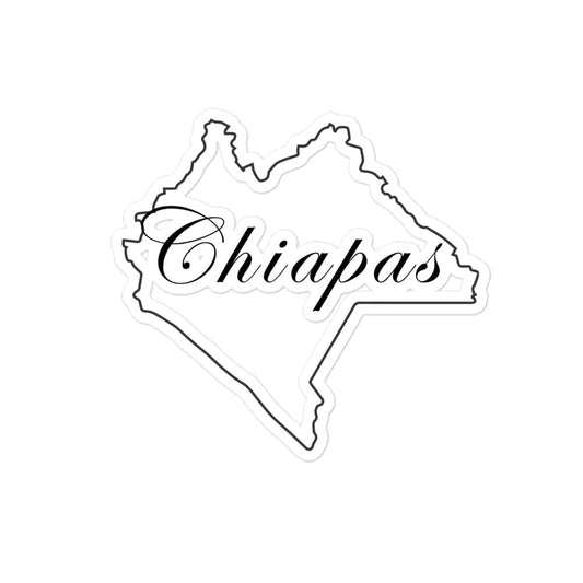 A white sticker in the shape of the state of Chiapas, with the name 'Chiapas' written on it.