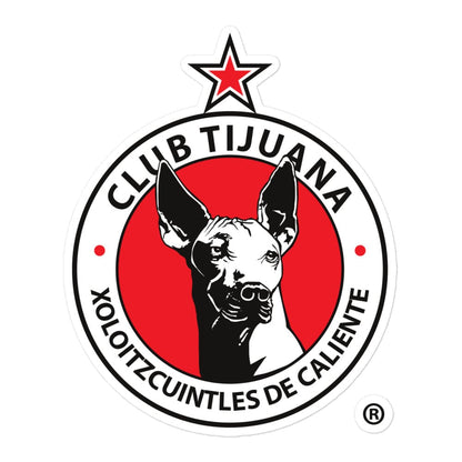 A die cut bubble-free sticker featuring the logo of Club Tijuana, which includes a red circular background, a white cow's head in the center, and the club's name written in white and red text.