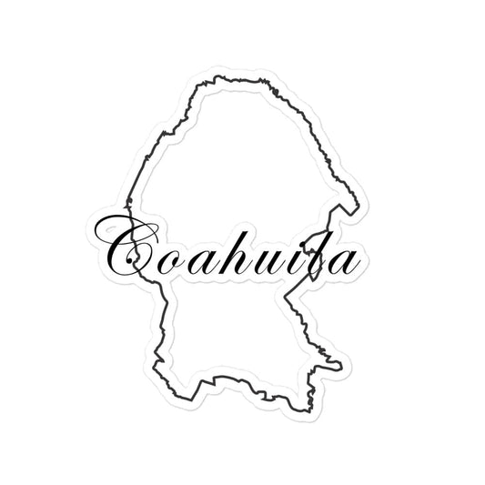 A white sticker in the shape of the state of Coahuila, with the name 'Coahuila' written on it.