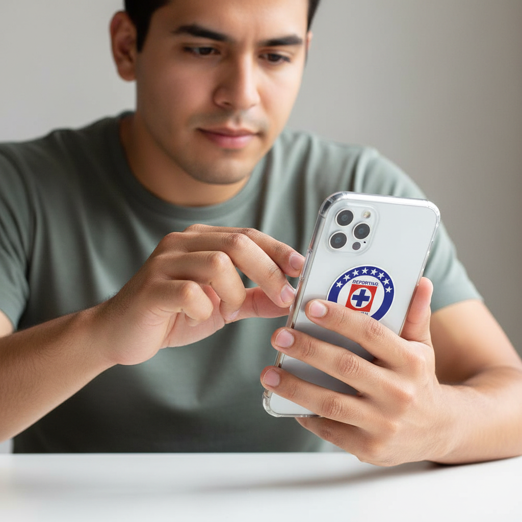 Man seated at a table holding a smartphone with a clear case featuring a die-cut bubble-free sticker of the Cruz Azul logo — a circular blue and white design with a red cross and stars, representing the Mexican football club’s identity and pride.