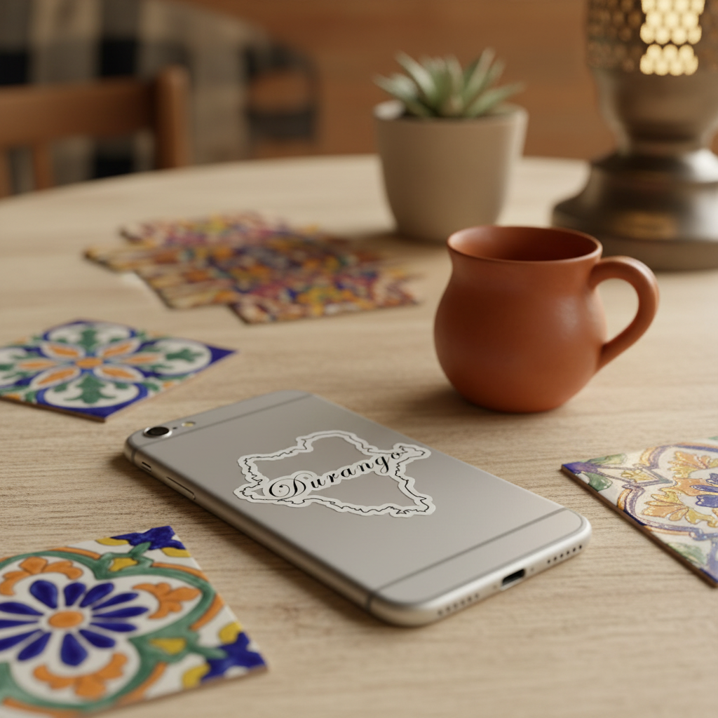  Silver smartphone on a wooden table with a die-cut bubble-free sticker shaped like the state of Durango — featuring white outline and cursive “Durango” text, surrounded by colorful ceramic coasters, a terracotta mug, and a small potted plant, creating a warm Mexican artisan aesthetic.