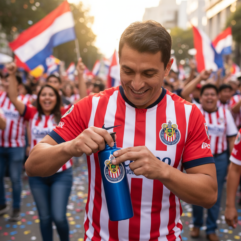 Man wearing a red and white striped Chivas de Guadalajara jersey applying a die-cut bubble-free sticker of the club’s crest onto a blue bottle — surrounded by fans waving red, white, and blue flags during a lively outdoor celebration.