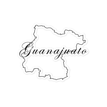 A white sticker in the shape of the state of Guanajuato, with the name 'Guanajuato' written on it.