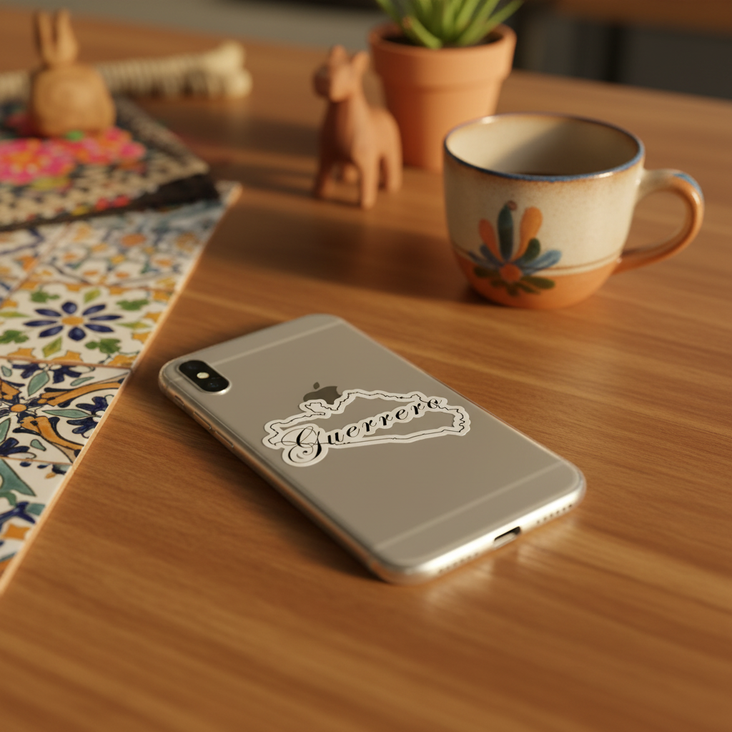 Silver smartphone on a wooden table with a die-cut bubble-free sticker reading “Guerrero” in cursive — surrounded by a ceramic mug, succulent plant, and decorative figurines, creating a warm, artisanal Mexican aesthetic.