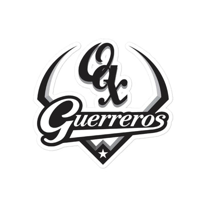 White bubble-free sticker with Guerreros logo in black script and star emblem