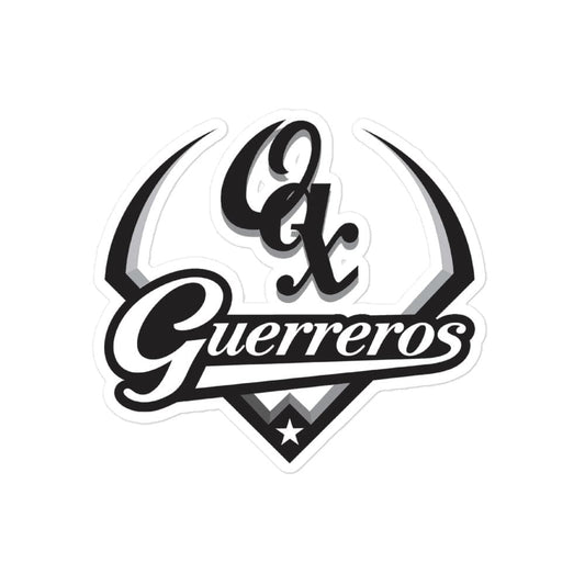 A black and white sticker with the text 'Guerreros' and a design resembling a skull and crossed swords.