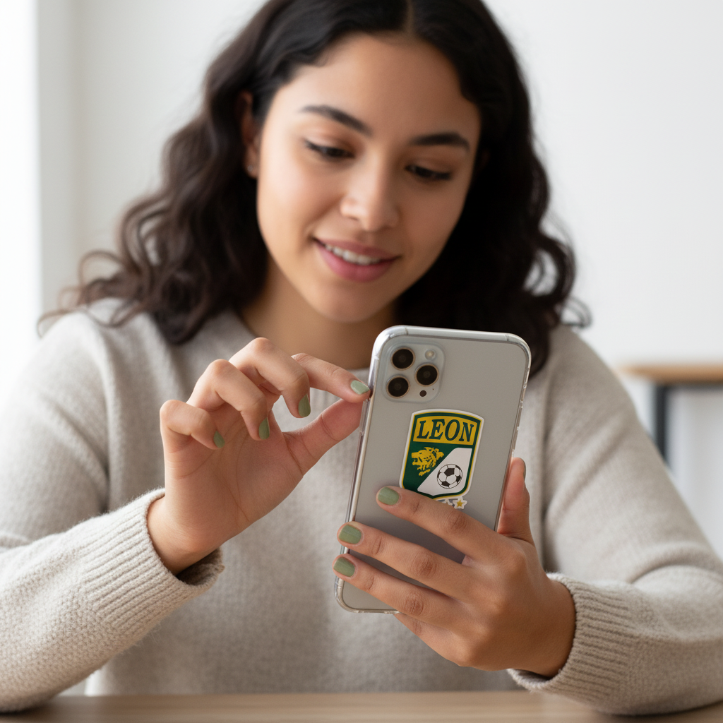 Woman indoors holding a smartphone with a clear case featuring a die-cut bubble-free sticker of the Club León logo — a green and yellow shield with a lion and soccer ball design, representing the Mexican football team’s strength and tradition.