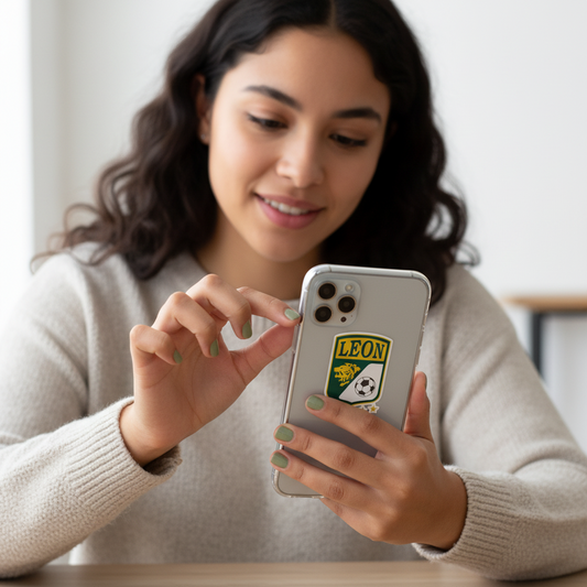 Woman indoors holding a smartphone with a clear case featuring a die-cut bubble-free sticker of the Club León logo — a green and yellow shield with a lion and soccer ball design, representing the Mexican football team’s strength and tradition.