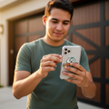 A man wearing a green t-shirt stands in front of a garage door, holding a white smartphone with a Leones de Yucatan circular sticker.