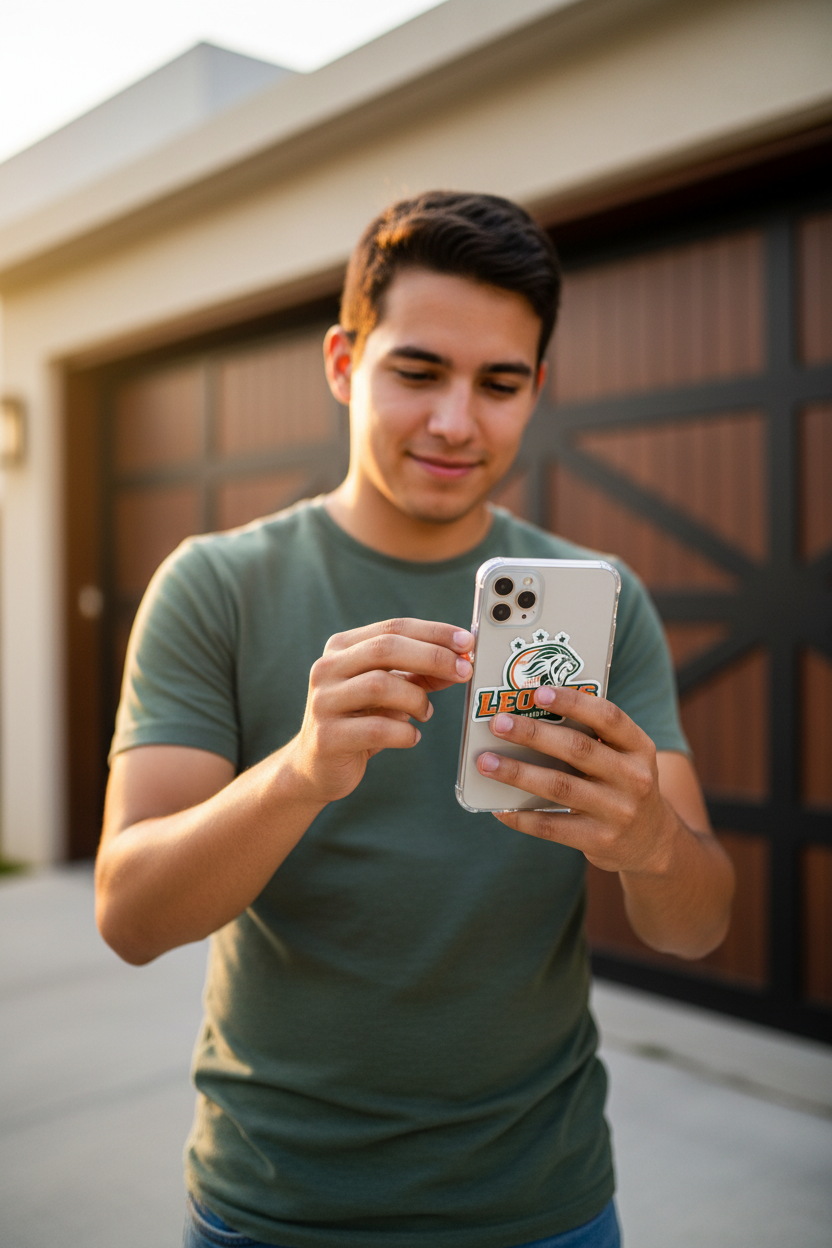 A man wearing a green t-shirt stands in front of a garage door, holding a white smartphone with a Leones de Yucatan circular sticker.