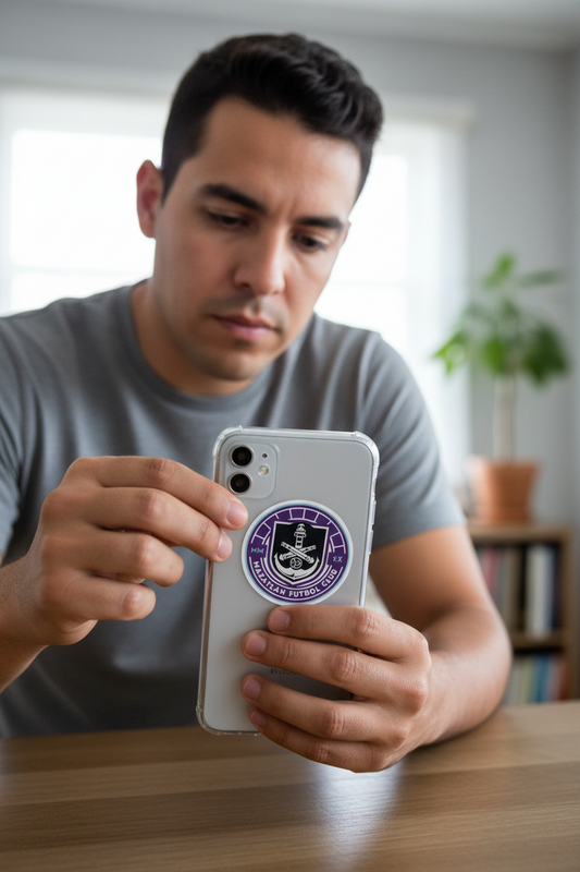 Man seated at a wooden table holding a smartphone with a clear case featuring a die-cut bubble-free sticker of the Mazatlán F.C. logo — a circular purple design with a white border, anchor, and shield emblem representing the Mexican football club.