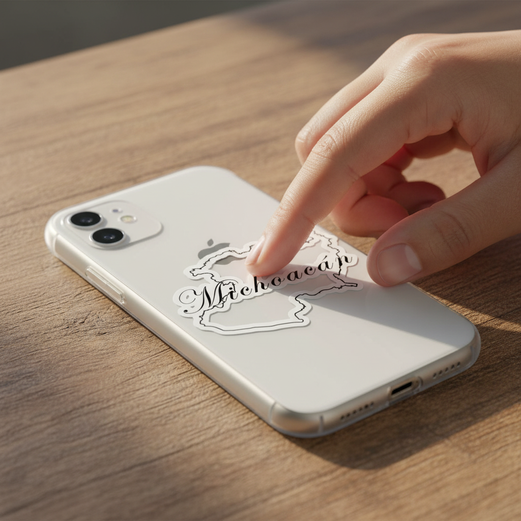 Hand pressing a die-cut bubble-free sticker of the Mexican state of Michoacán onto a silver smartphone — featuring a white outline with the word “Michoacán” in elegant cursive, symbolizing regional pride and artisanal design.