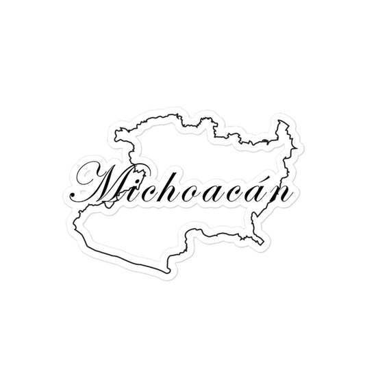 A sticker with a white background and the text 'Michoacan' printed on it, shaped in a state outline.