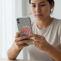  Woman indoors holding a smartphone with a clear case featuring a die-cut bubble-free sticker of the Club Necaxa logo — a red and white shield with three gold stars above, representing the Mexican football team’s pride and tradition.
