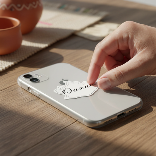 Hand placing a die-cut bubble-free sticker with the word “Oaxaca” in cursive onto a silver smartphone — featuring a white decorative border and artisanal style, symbolizing Mexican heritage and craftsmanship.