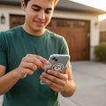 A young man in a green t-shirt looking down at a silver smartphone with a Olmecas de Tabasco circular sticker on the back, standing on a driveway in front of a house garage.