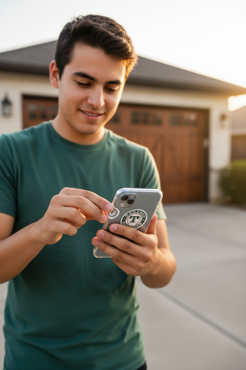 A young man in a green t-shirt looking down at a silver smartphone with a Olmecas de Tabasco circular sticker on the back, standing on a driveway in front of a house garage.