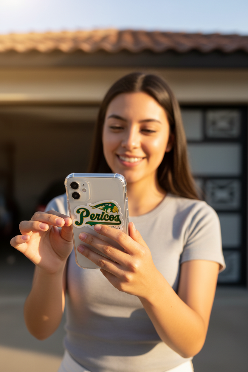 Woman holding smartphone with Pericos de Puebla bubble-free sticker — Gorras Vaqueras vinyl design.