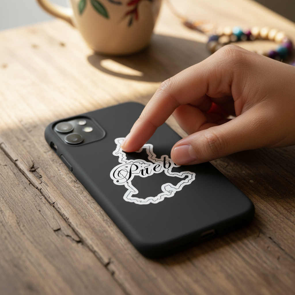Hand pressing a die-cut bubble-free sticker of the state of Puebla onto a black smartphone case — featuring a white outline map with the word “Puebla” in elegant cursive, symbolizing regional pride and minimalist design.