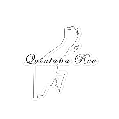 A white sticker in the shape of the state of Quintana Roo, with the name 'Quintana Roo' printed on it.