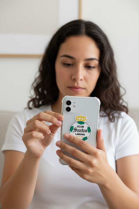  Woman indoors holding a smartphone with a clear case featuring a die-cut bubble-free sticker of the Club Santos Laguna logo — a white and green shield with a gold crown and text “Club Santos Laguna,” representing the Mexican football team.