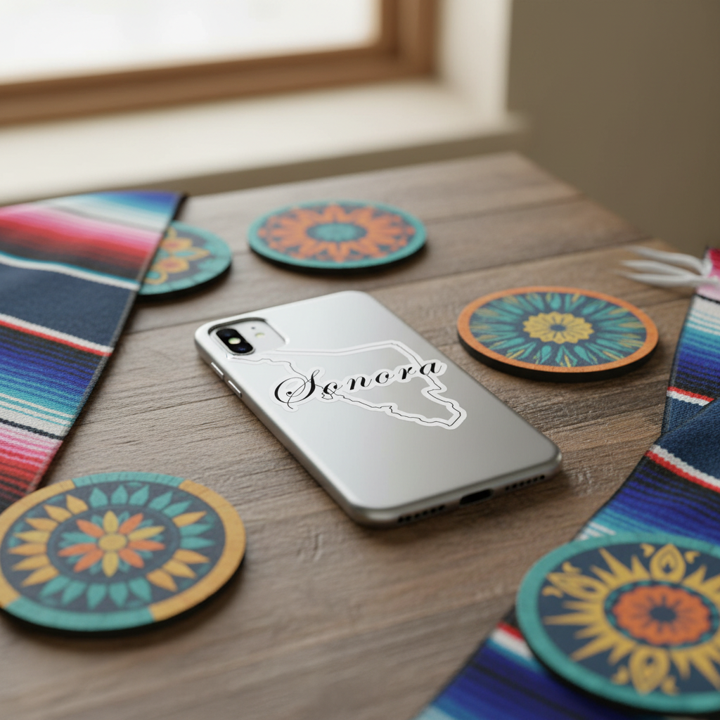 A silver smartphone case with a white outline graphic of a state and the text 'Sonora' resting on a wooden table, surrounded by colorful patterned coasters and a serape blanket.
