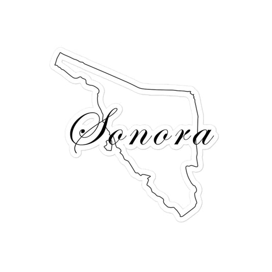 A white die-cut sticker with the text 'Sonora' printed on it, resembling the shape of the state of Sonora.