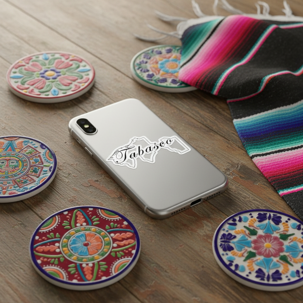 A silver smartphone case with a white outline graphic of a state and the text 'Tabasco' resting on a wooden table, surrounded by colorful patterned coasters and a serape blanket.
