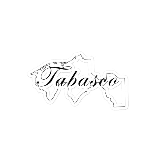 A die cut bubble-free sticker with the text 'Tabasco' printed in a cursive font, on a white background.
