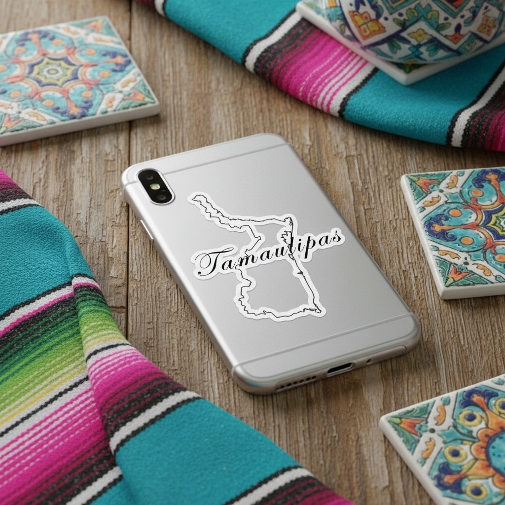 Silver smartphone on a wooden table with a die-cut bubble-free sticker shaped like the state of Tamaulipas — featuring white outline and cursive “Tamaulipas” text, surrounded by vibrant Mexican textiles and colorful ceramic tiles, creating a warm, artisanal aesthetic that highlights regional pride and craftsmanship.