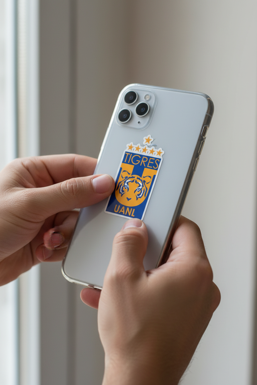 Close-up of hands holding a smartphone with a die-cut bubble-free sticker of the Tigres UANL logo — featuring a gold tiger head on a blue background with four stars above, representing the Mexican football club’s identity and pride.