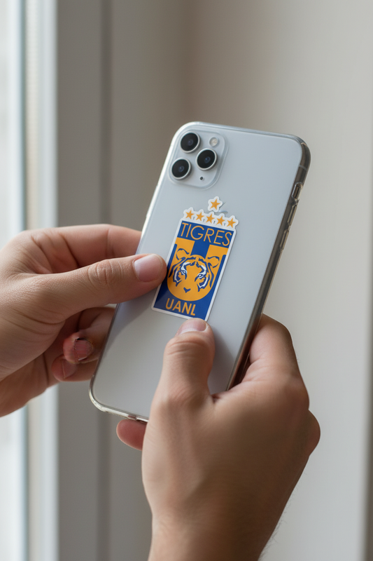 Close-up of hands holding a smartphone with a die-cut bubble-free sticker of the Tigres UANL logo — featuring a gold tiger head on a blue background with four stars above, representing the Mexican football club’s identity and pride.