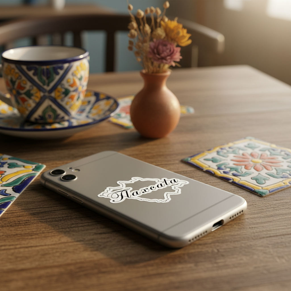 A silver smartphone lying on a wooden table, showing a white 'Tlaxcala' script decal on the back. The phone is styled in a warm, cozy setting with a ceramic cup, a small vase of dried flowers, and colorful tile coasters.