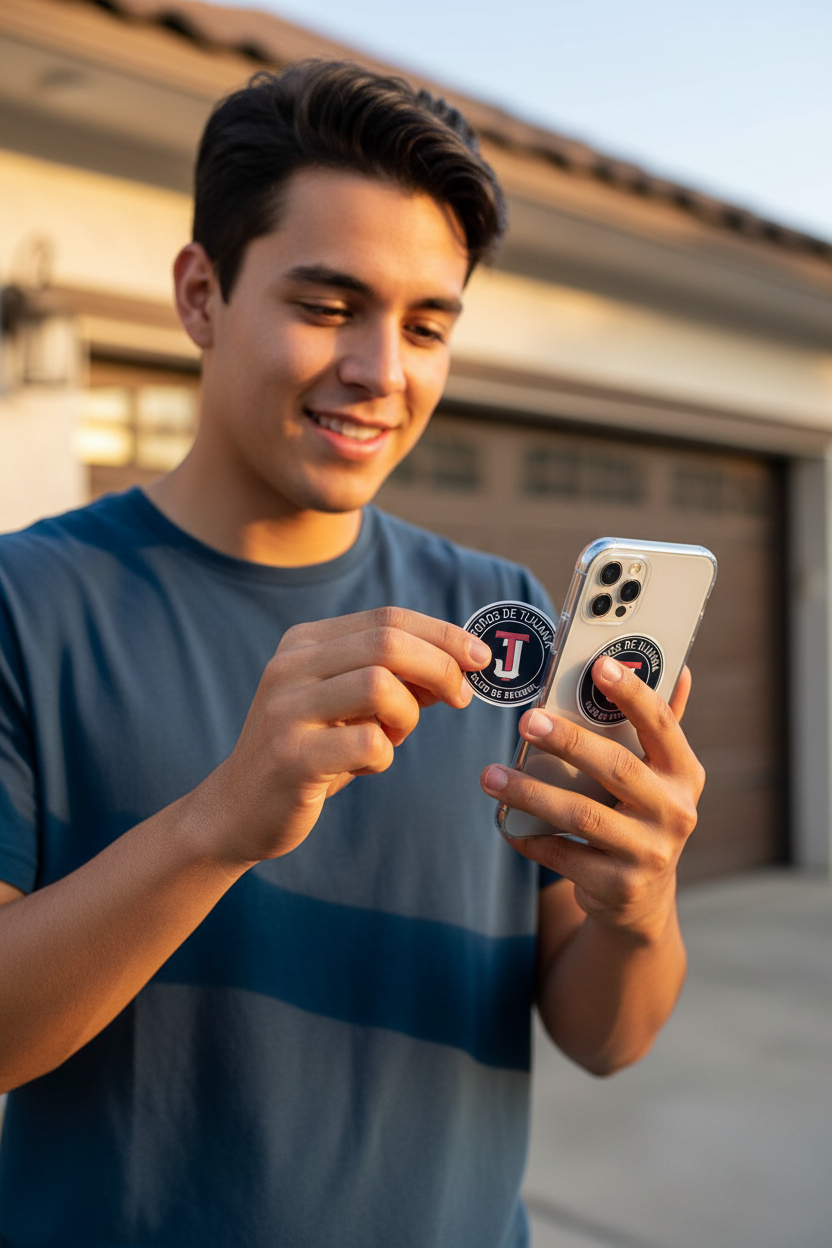 A smiling young man outdoors in front of a garage holds a smartphone with a circular Toros de Tijuana, white, and he is also holding a matching round sticker or patch in his other hand.