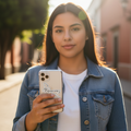 Female holding a phone with a case featuring a Veracruz ogo outdoors.