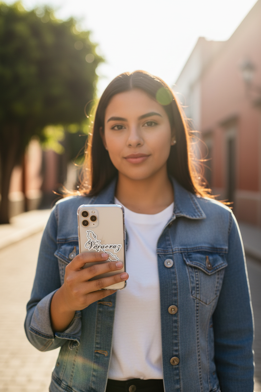 Female holding a phone with a case featuring a Veracruz ogo outdoors.